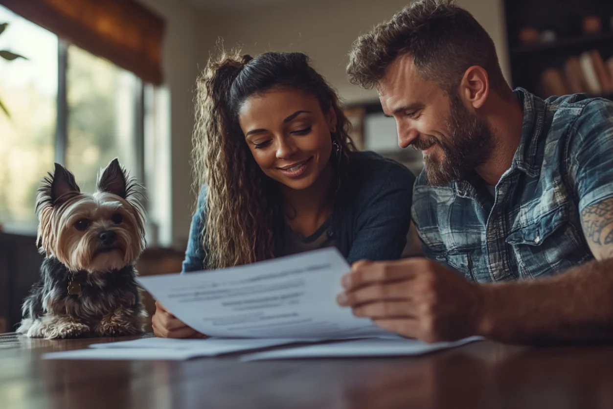 Two tenants and dog reviewing pet deposit BC